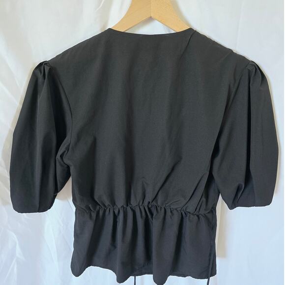 Rebecca Minkoff Mary Wrap Blouse Size M Black Crepe Puff Sleeve V-Neck - Picture 3 of 4